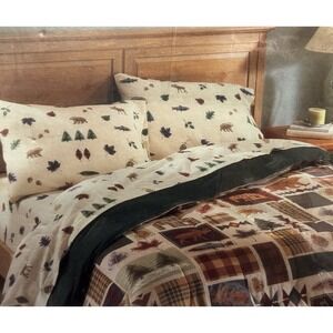 Vtg 4 Pc Full Flannel Sheet Set 100% Cotton Bears Lodge Cabin Tree Forest Nature